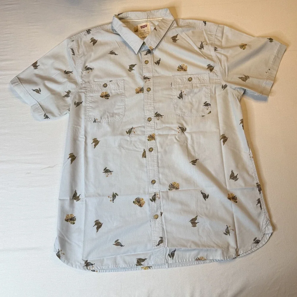 Levis Shirt Mens 2XL Light Blue Quail Print Short‎ Sleeve Button Up 3LDSW0931